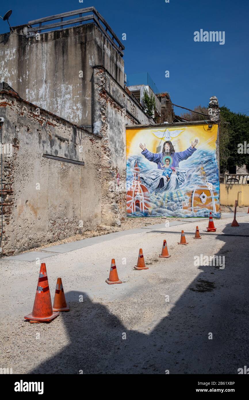 L'ingresso al parcheggio principale di Getsemani in Calle 29. Un murale di Gesù Cristo vi accoglie nel parcheadero, Foto Stock