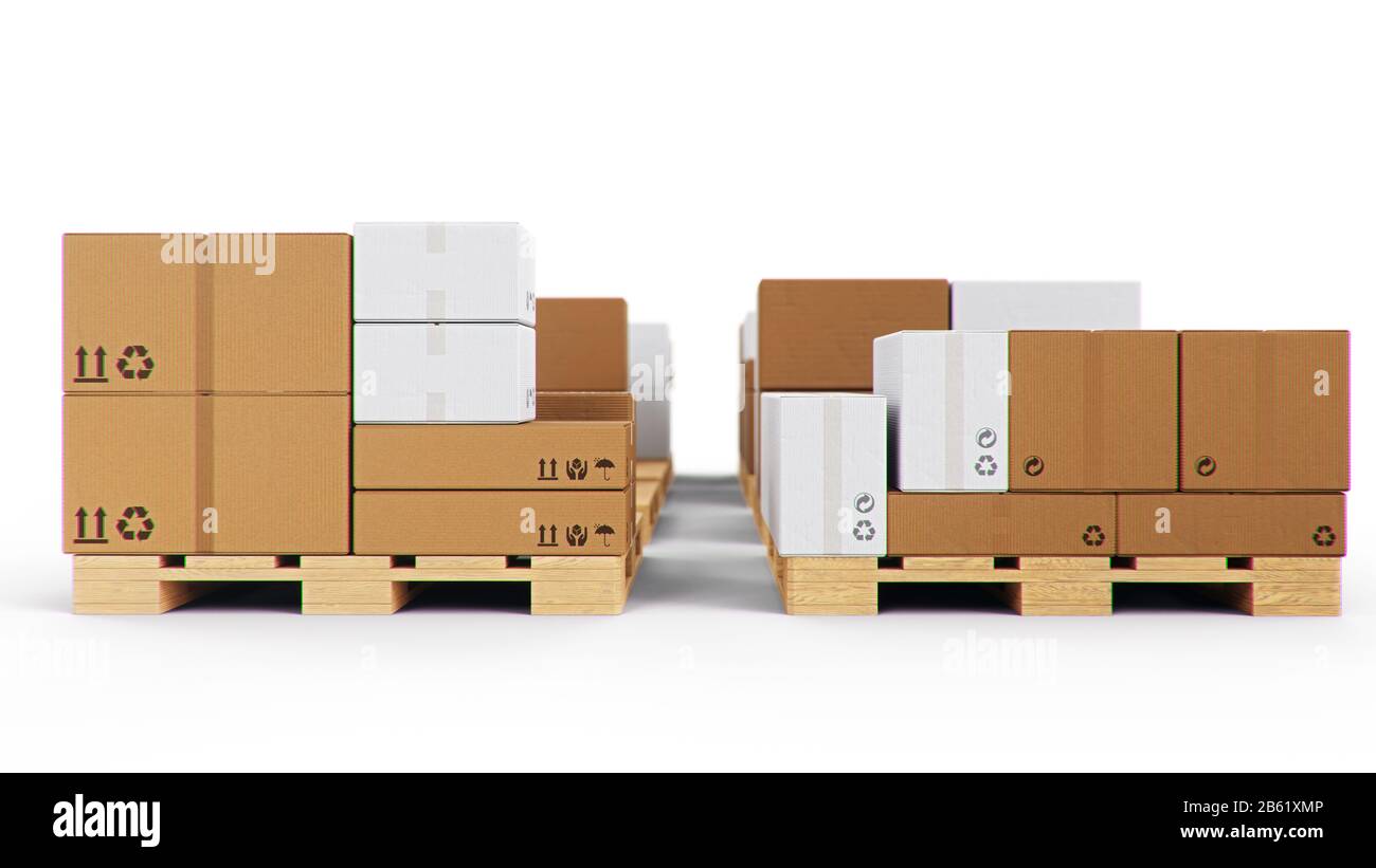 Scatole di cartone su pallet di legno isolato su sfondo bianco. Scatole di cartone per la consegna delle merci. Consegna pacchi, trasporto pacchi Foto Stock