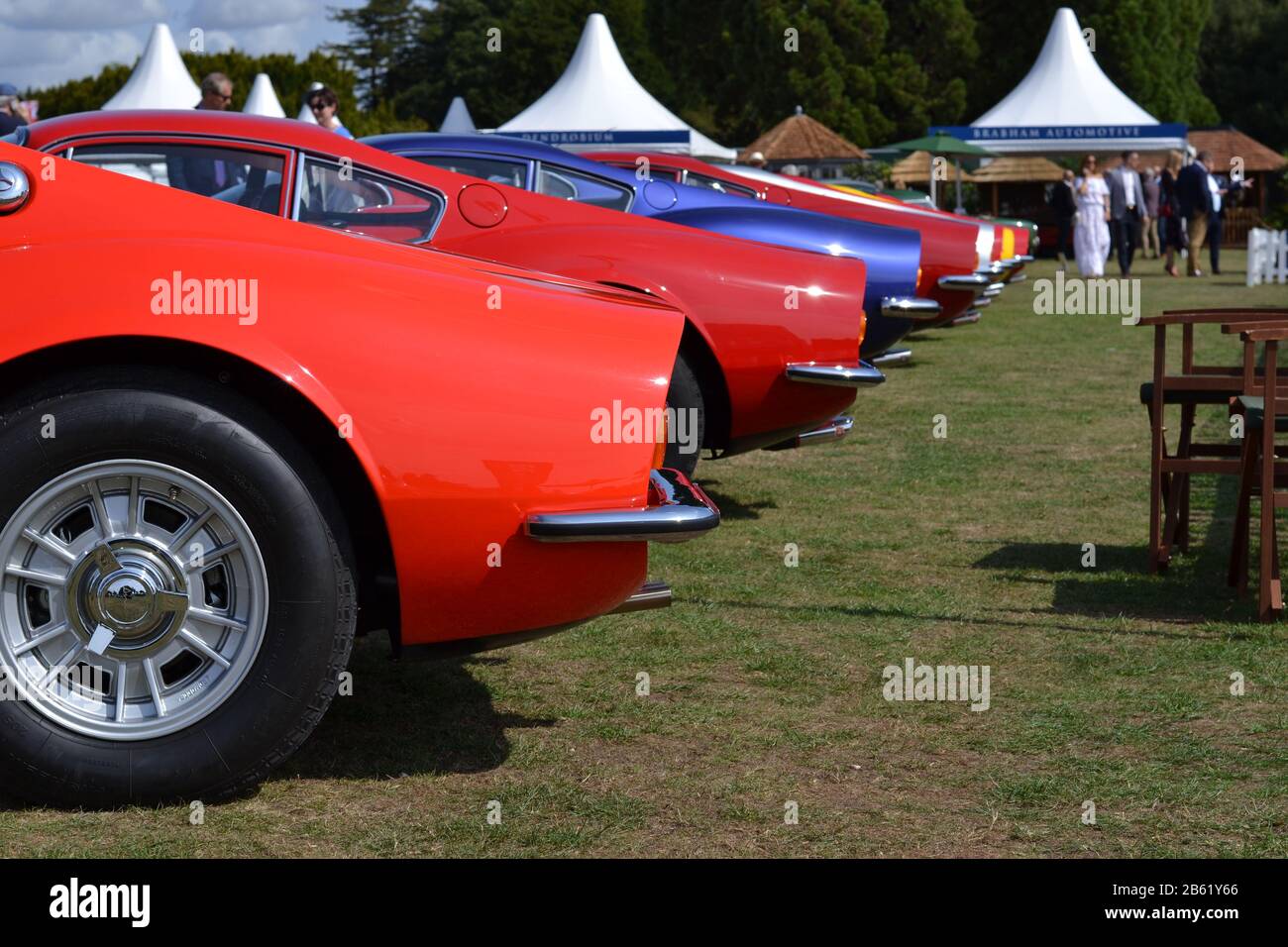 Line-up della Ferrari Dino's al Salon Prive, Blenheim Palace, agosto 2018 Foto Stock