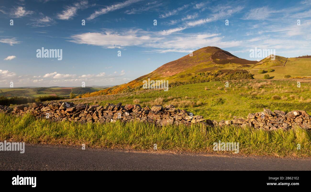 Sole splende sulle colline di Eildon sopra Melrose e la Tweed Valley nei Confini scozzesi. Foto Stock