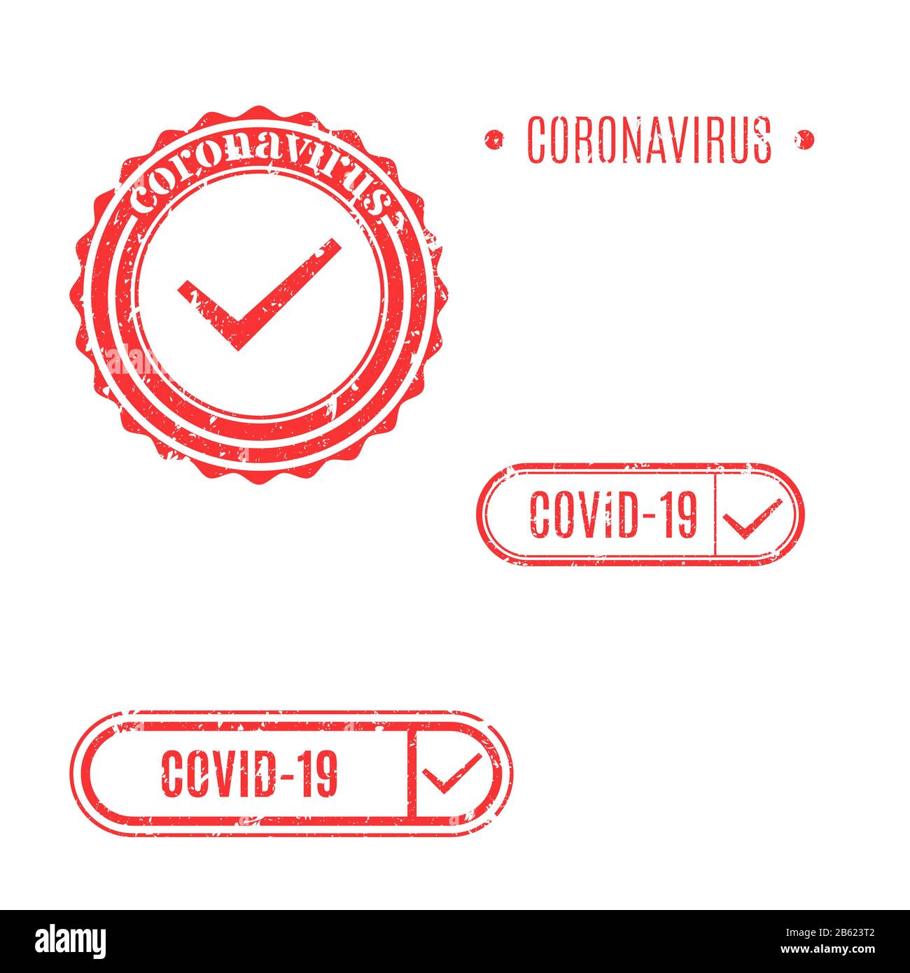 Set di francobolli coronavirus rettangolari e rotondi isolati su sfondo bianco, illustrazione vettoriale. Illustrazione Vettoriale