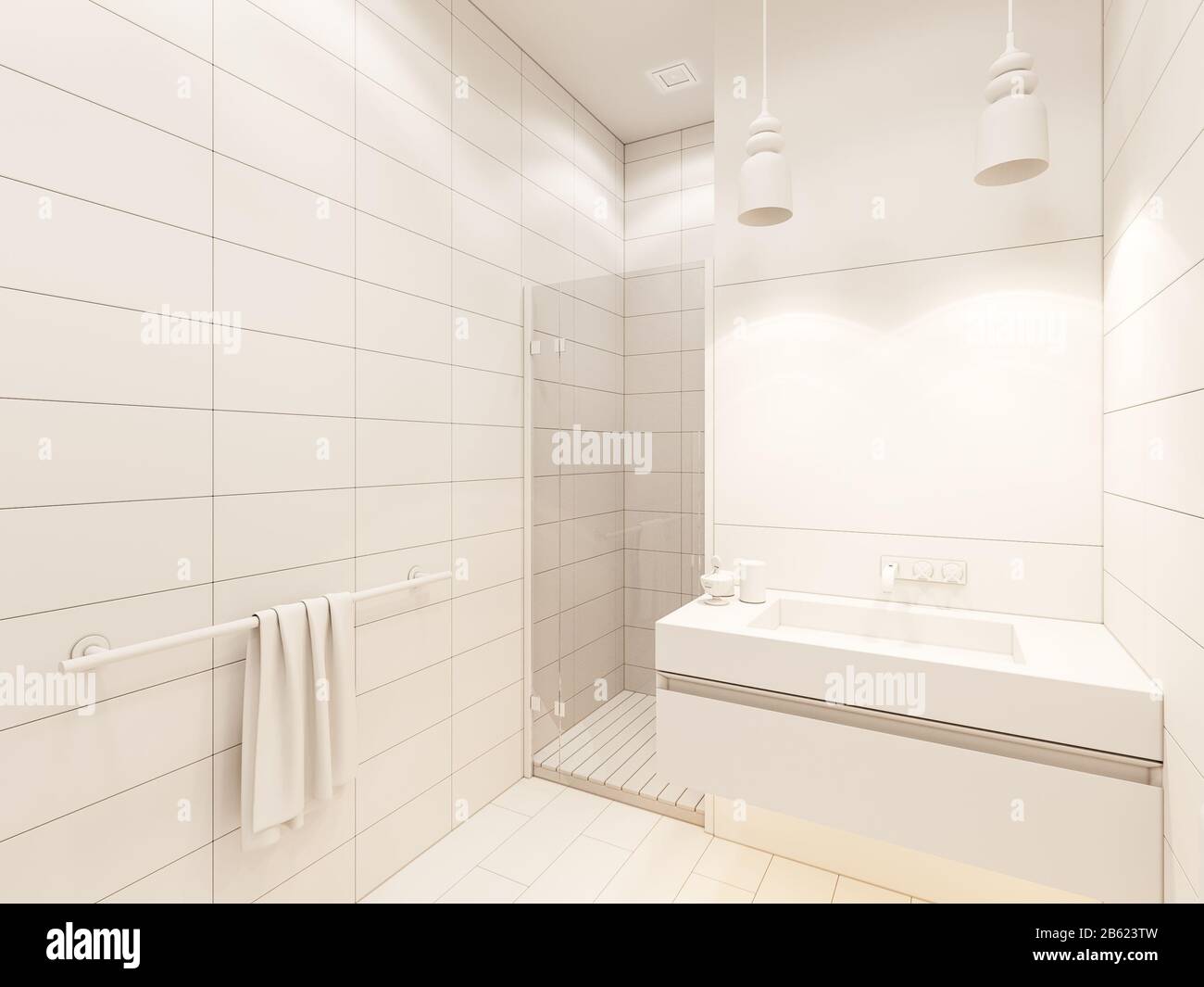3D rendering dell'interno del bagno con doccia Foto Stock