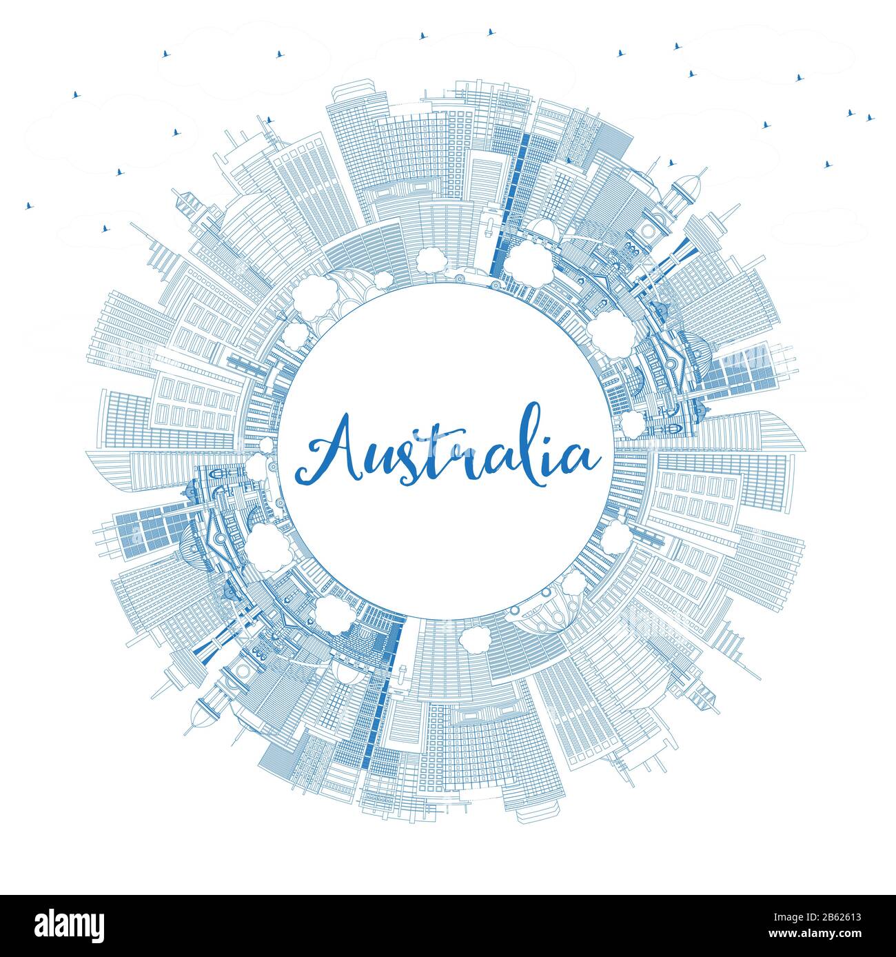 Profilo Australia City Skyline Con Edifici Blu E Copy Space. Illustrazione Vettoriale. Concetto Di Turismo Con Architettura Storica. Australia. Illustrazione Vettoriale