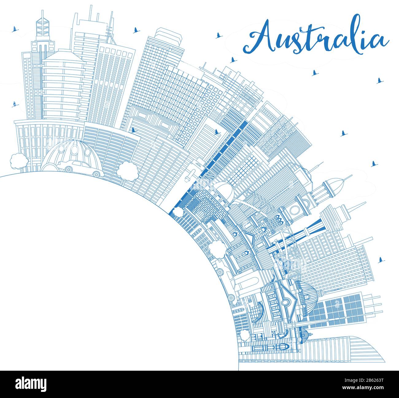 Profilo Australia City Skyline Con Edifici Blu E Copy Space. Illustrazione Vettoriale. Concetto Di Turismo Con Architettura Storica. Australia. Illustrazione Vettoriale