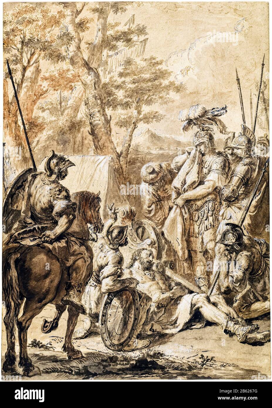 Alessandro Magno davanti al cadavere di Dario, disegnato da Francesco Fontebasso, 1750-1760 Foto Stock