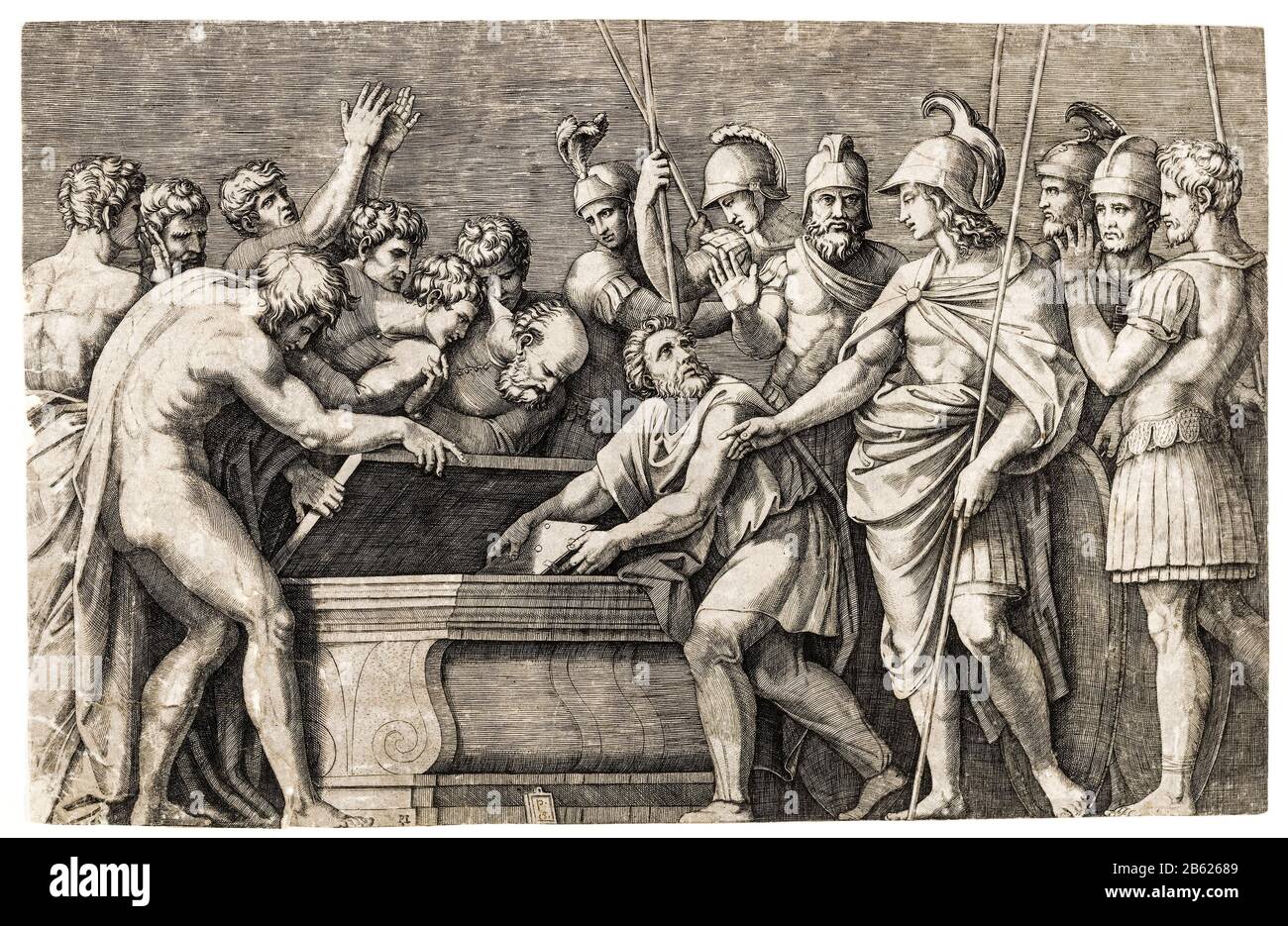 Alessandro il Grande comandando che l'opera di Omero sia collocata nella tomba di Achille, incisione di Marcantonio Raimondi, circa 1500-1534 Foto Stock