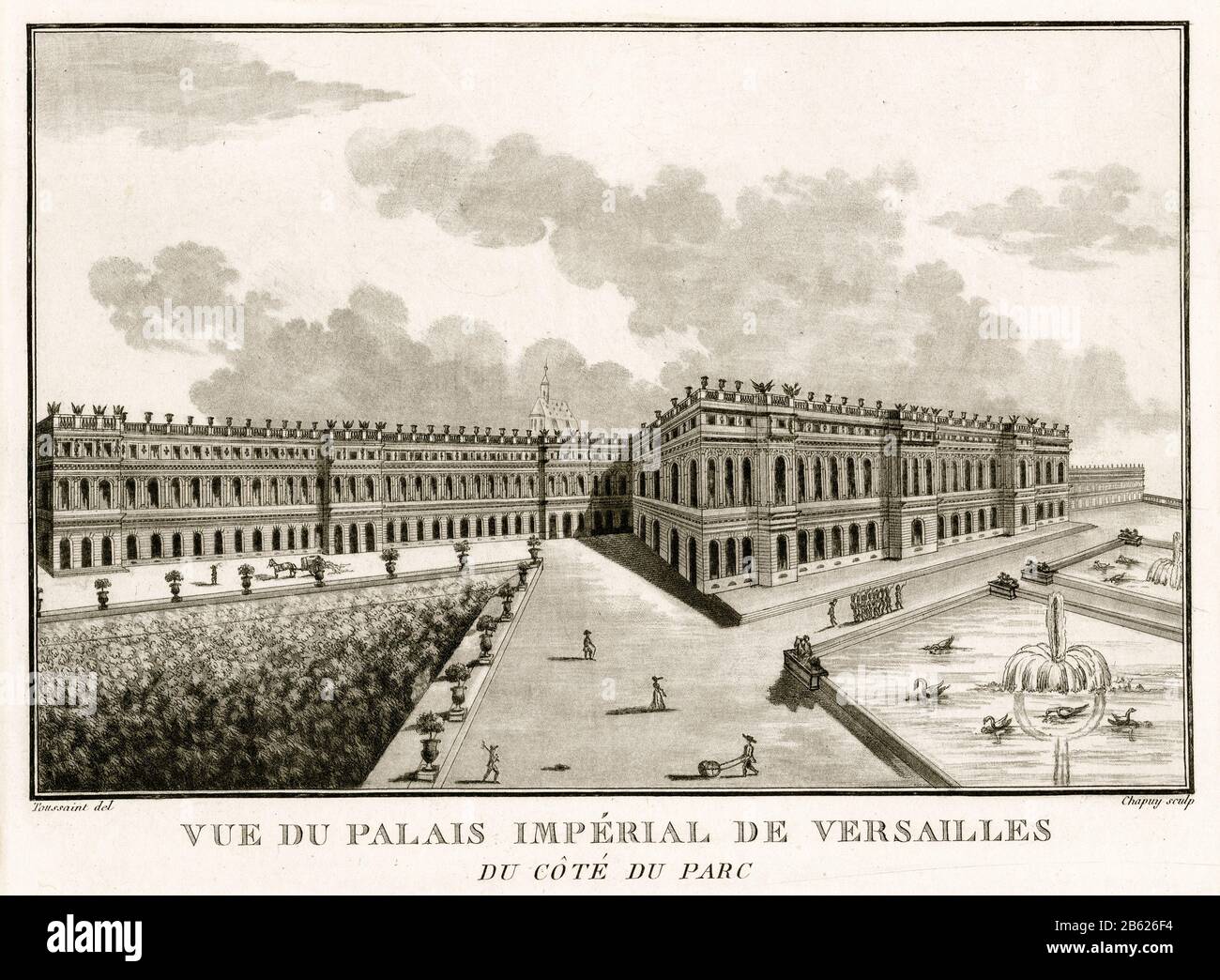 Vista esterna della Reggia Imperiale di Versailles dal Parco, incisione di Nicolas-Marie-Joseph Chapuy, 1810 Foto Stock