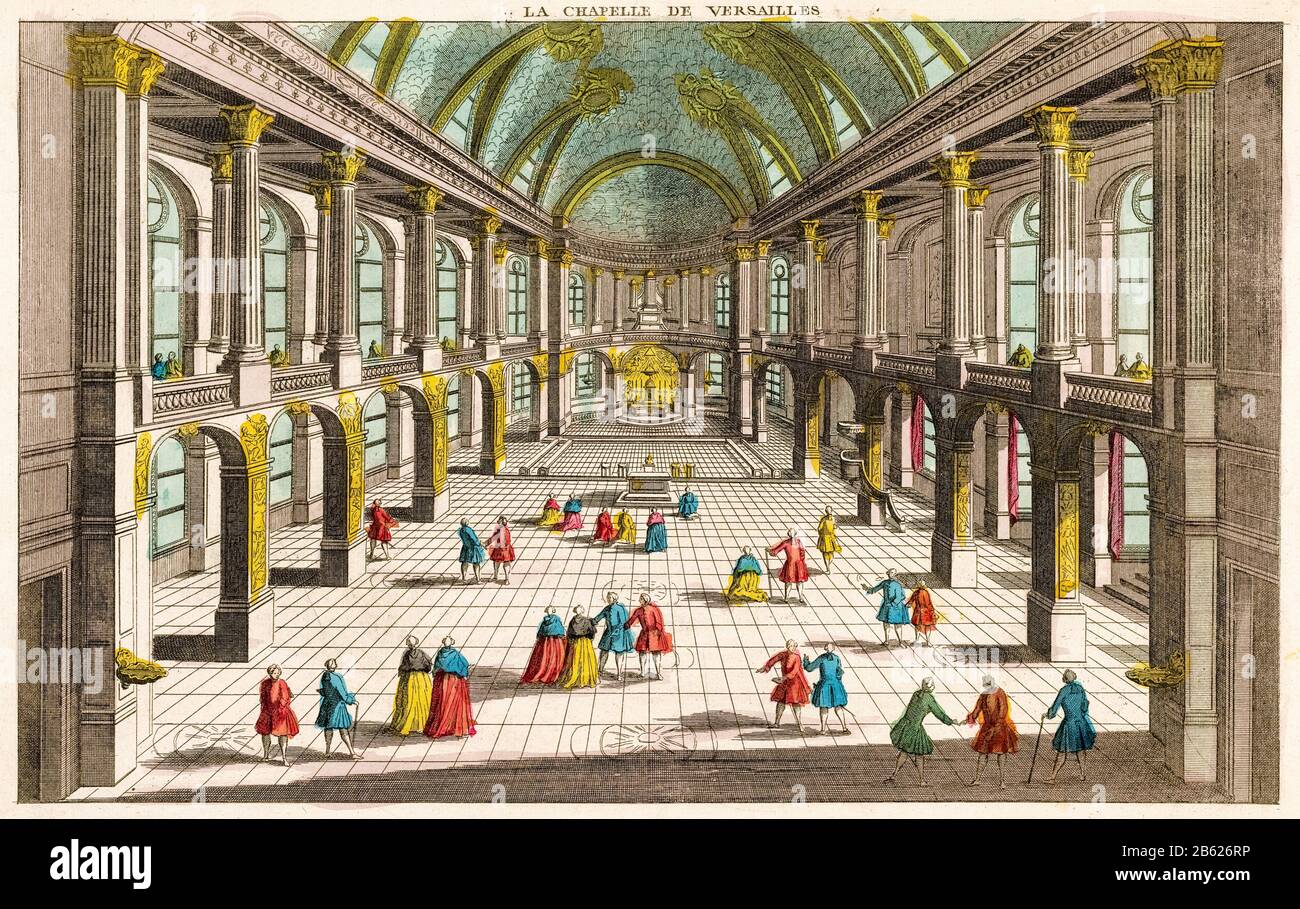 Vista dell'interno della Cappella presso la Reggia di Versailles, stampato da Basset, 1700-1799 Foto Stock
