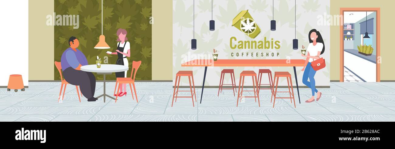 cameres prendere ordine da uomo cliente con caffè di cannabis moderna caffetteria interna marijuana legalizzazione droga concetto di consumo orizzontale a tutta lunghezza vettore illustrazione Illustrazione Vettoriale