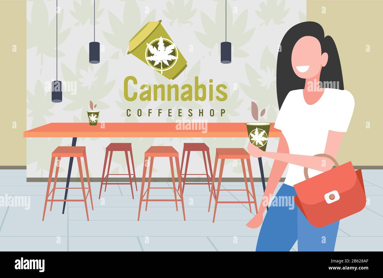 donna sorridente con caffè di cannabis caffetteria moderna interno marijuana legalizzazione droga concetto di consumo orizzontale ritratto vettore illustrazione Illustrazione Vettoriale