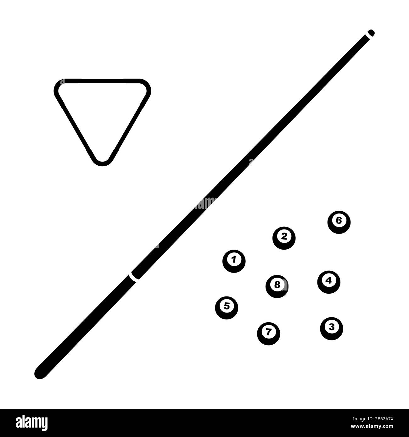 Icona Vector black billiard cue and balls. Attrezzature da gioco. Sport professionale, classico spunto per competizioni e tornei ufficiali. Illustrazione isolata Illustrazione Vettoriale