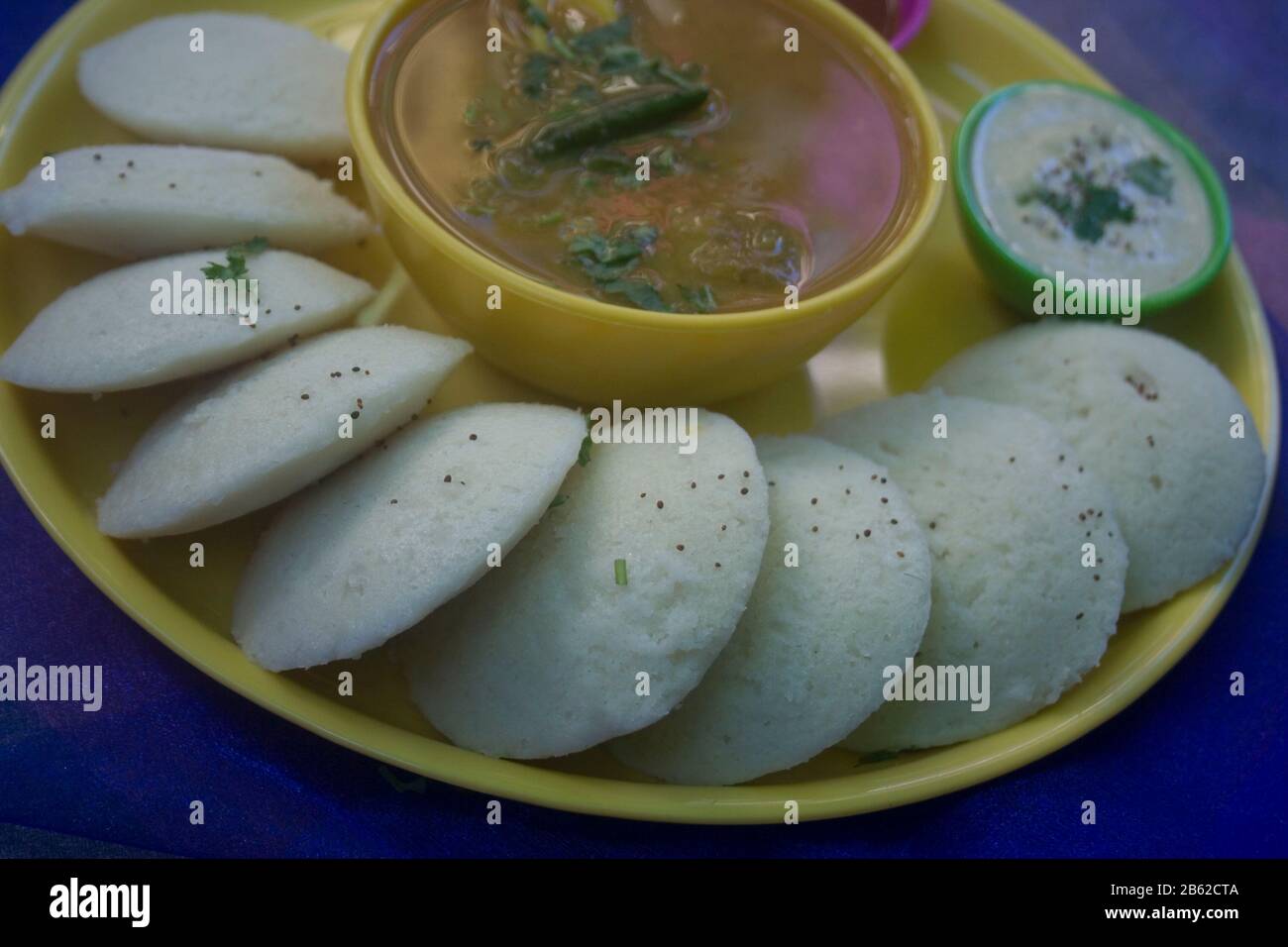 Idli su sfondo blu Foto Stock