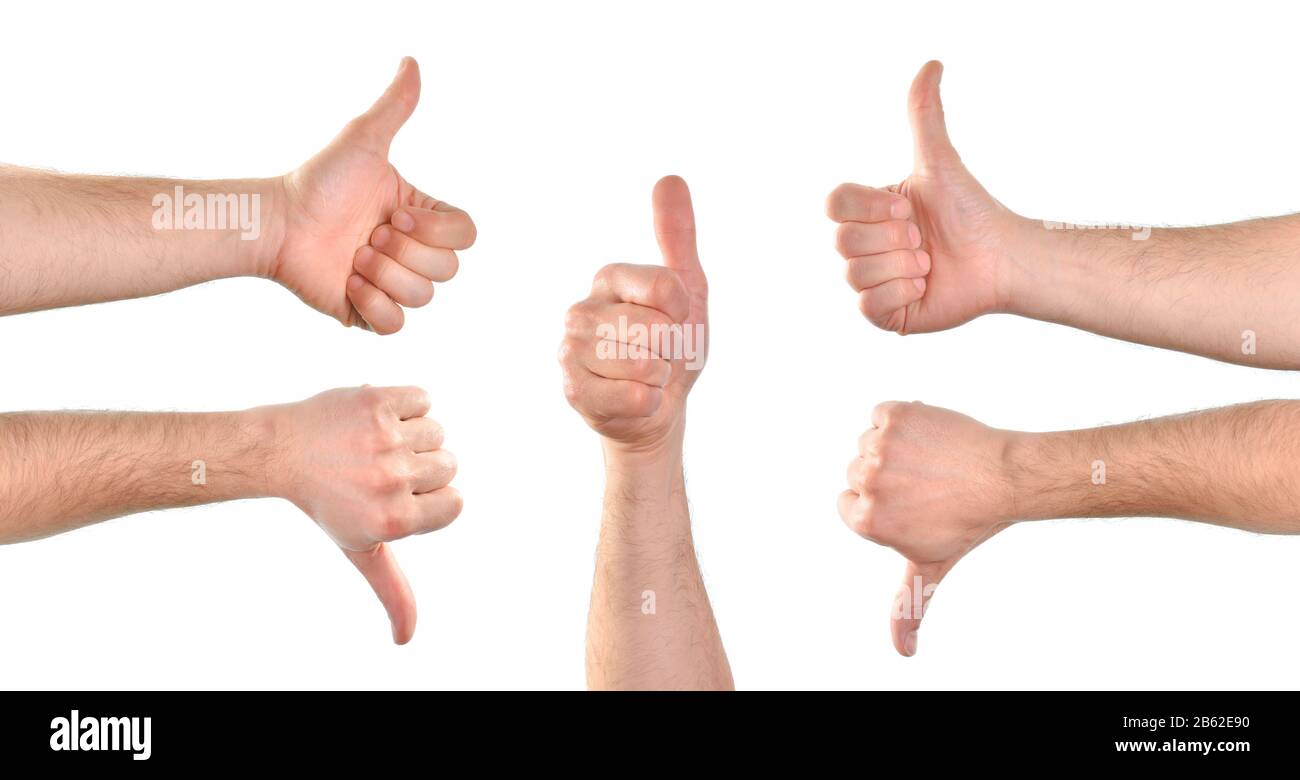 Cinque mani che mostrano un gesto di conformità o disaccordo. Composizione orizzontale. Foto Stock