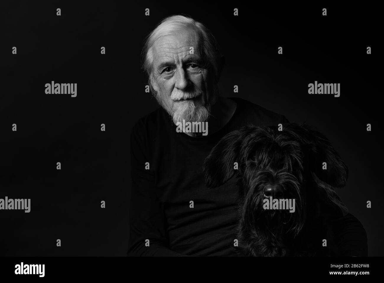 Bianco e nero basso chiave studio ritratto di bello grigio capelli vecchio uomo e il suo Big Black Schnauzer Dog. Foto Stock