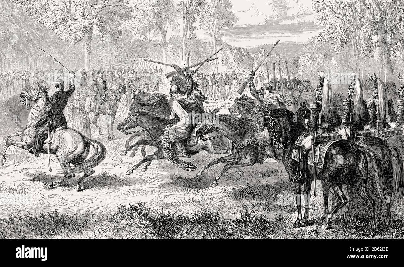 Spahis e Turcos, ex unità di cavalleria dell'esercito francese, Bois de Boulogne, Parigi, Francia, 1863 Foto Stock