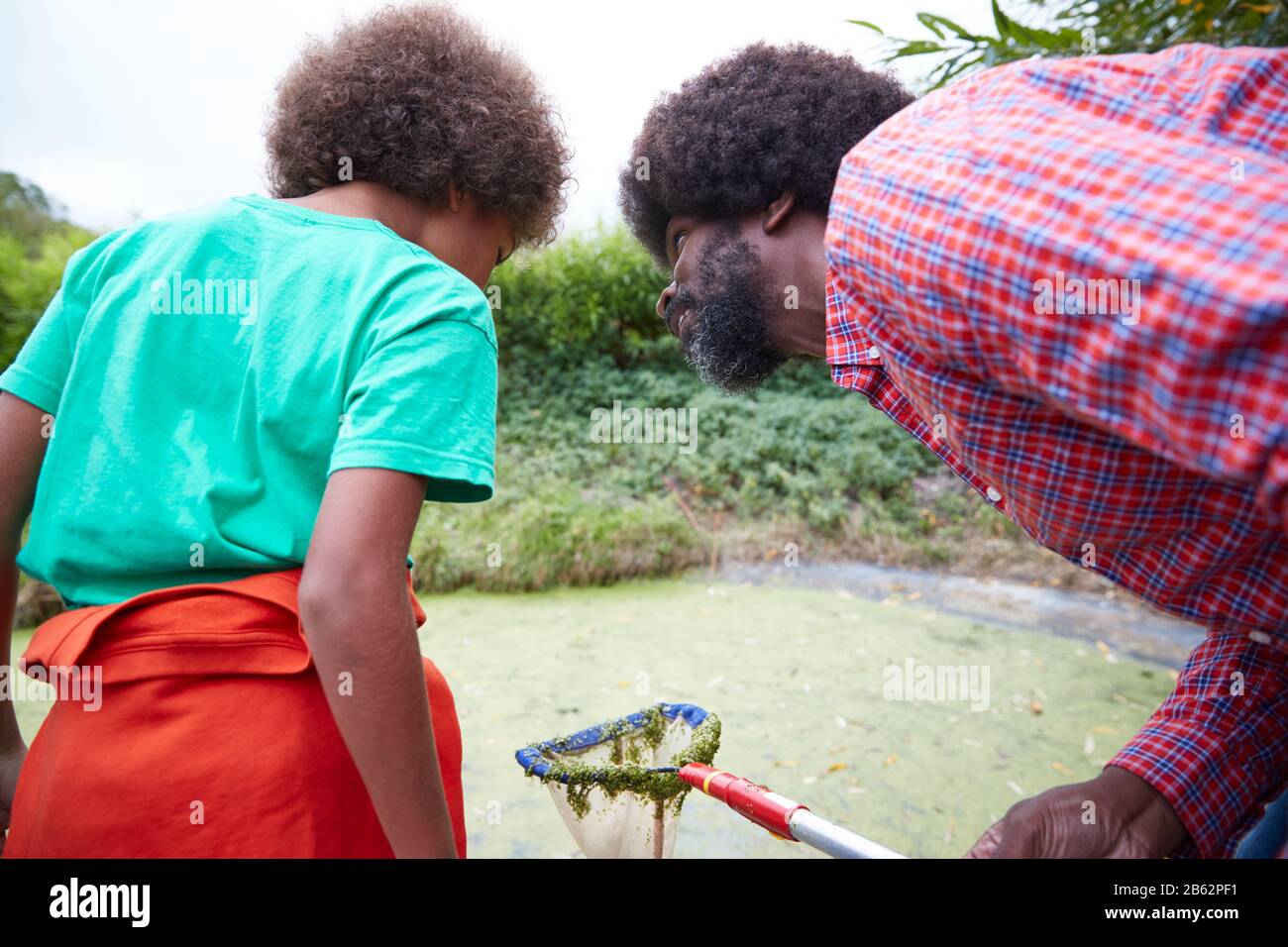 Team Leader Adulto Che Mostra Boy On Outdoor Activity Camp Come Catturare E Studiare Pond Life Foto Stock