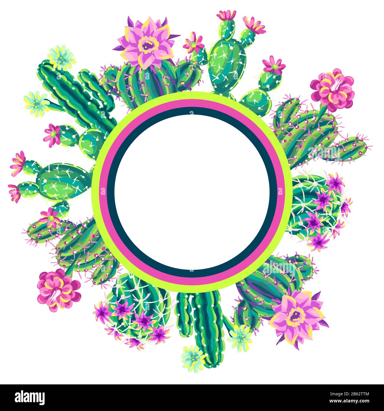 Sfondo con cactus e fiori. Illustrazione Vettoriale