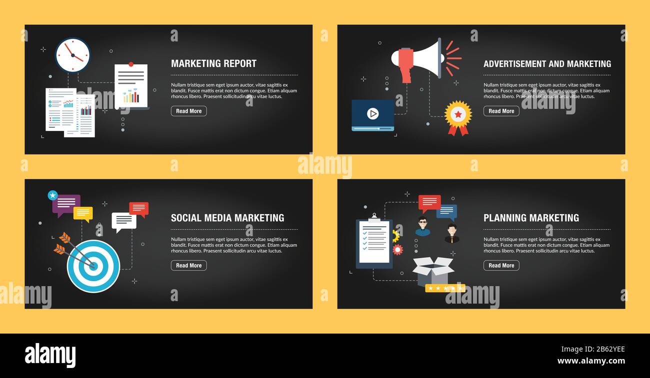 Set di modelli di disegno di banner del Internet per i siti web, internet marketing, e business. Marketing report, pubblicità e marketing, social media m Illustrazione Vettoriale