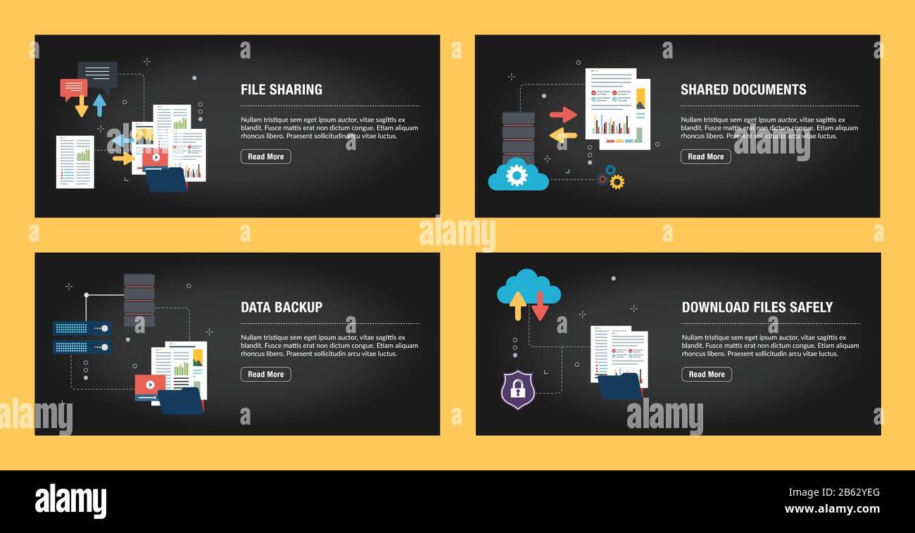 Set di modelli di disegno di banner del Internet per i siti web, internet marketing, e business. Condivisione di file, documenti condivisi, backup di dati e download di file Illustrazione Vettoriale