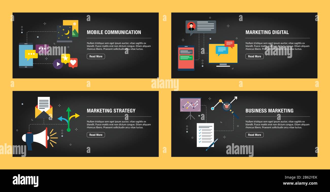 Set di modelli di disegno di banner del Internet per i siti web, internet marketing, e business. Comunicazione mobile, marketing digitale, strategia di marketing a Illustrazione Vettoriale