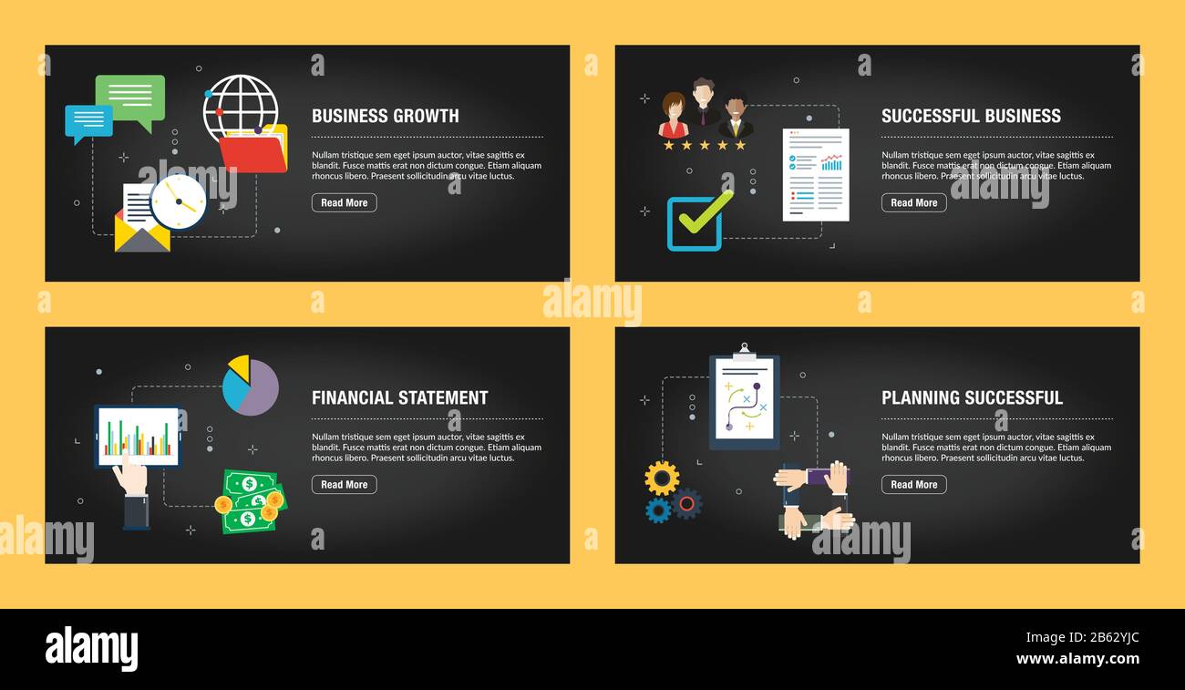 Set di modelli di disegno di banner del Internet per i siti web, internet marketing, e business. Crescita aziendale, business di successo, rendiconto finanziario e. Illustrazione Vettoriale