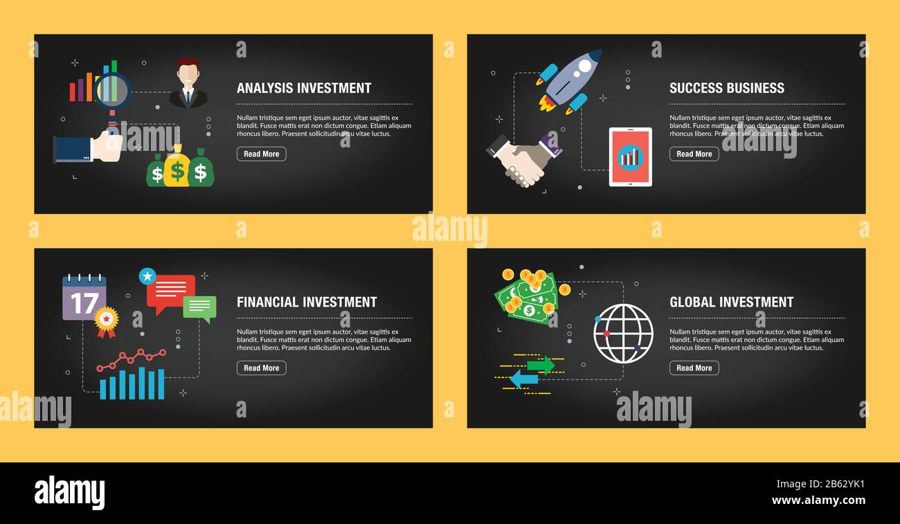Set di modelli di disegno di banner del Internet per i siti web, internet marketing, e business. Analisi degli investimenti, successo delle imprese, investimenti finanziari, Illustrazione Vettoriale