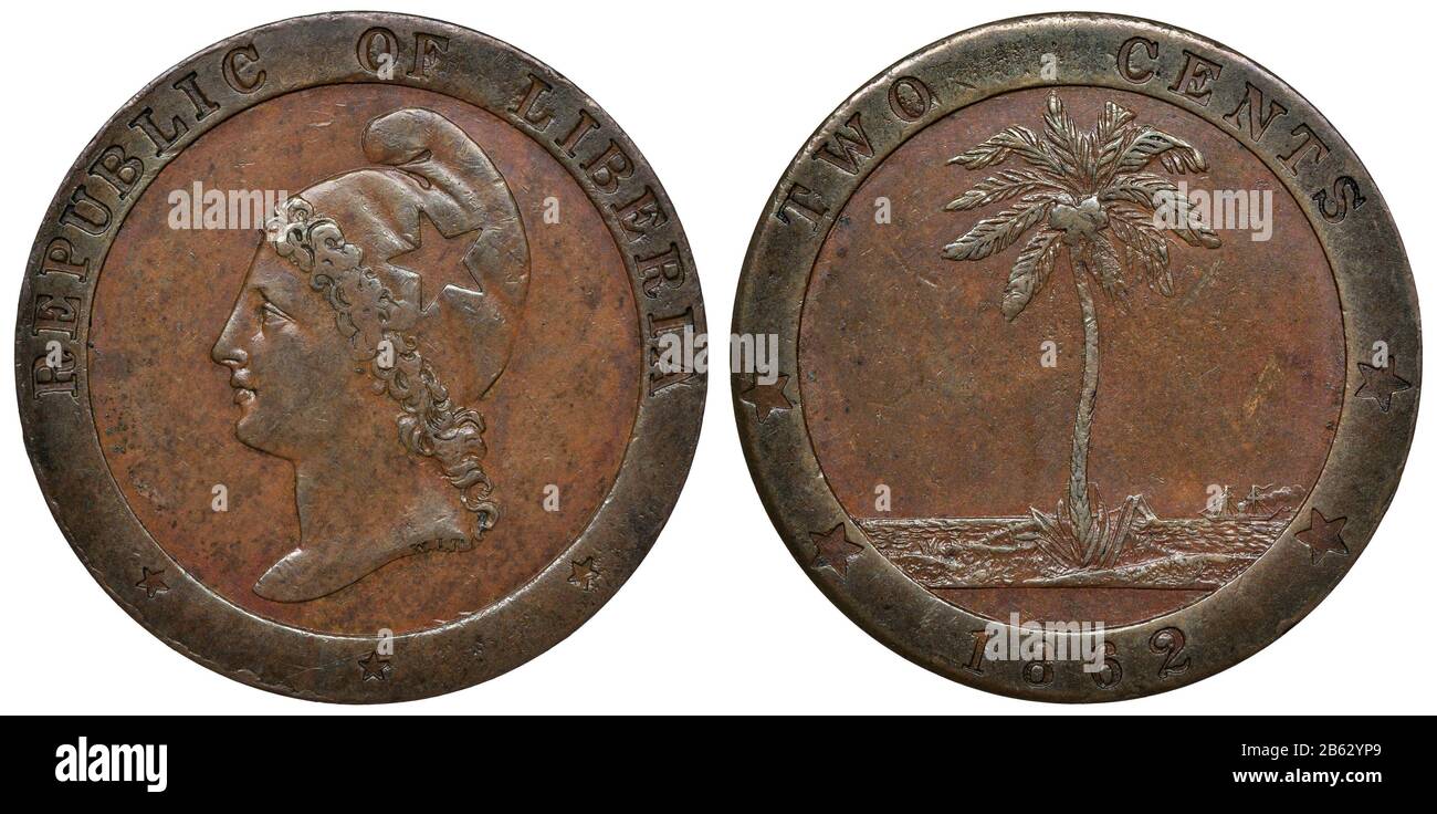 Liberia moneta di rame liberiano 2 due centesimi 1862, capo della libertà in cap con stella a sinistra, palma di fronte all'oceano, piccola nave a vapore in basso a destra, Foto Stock