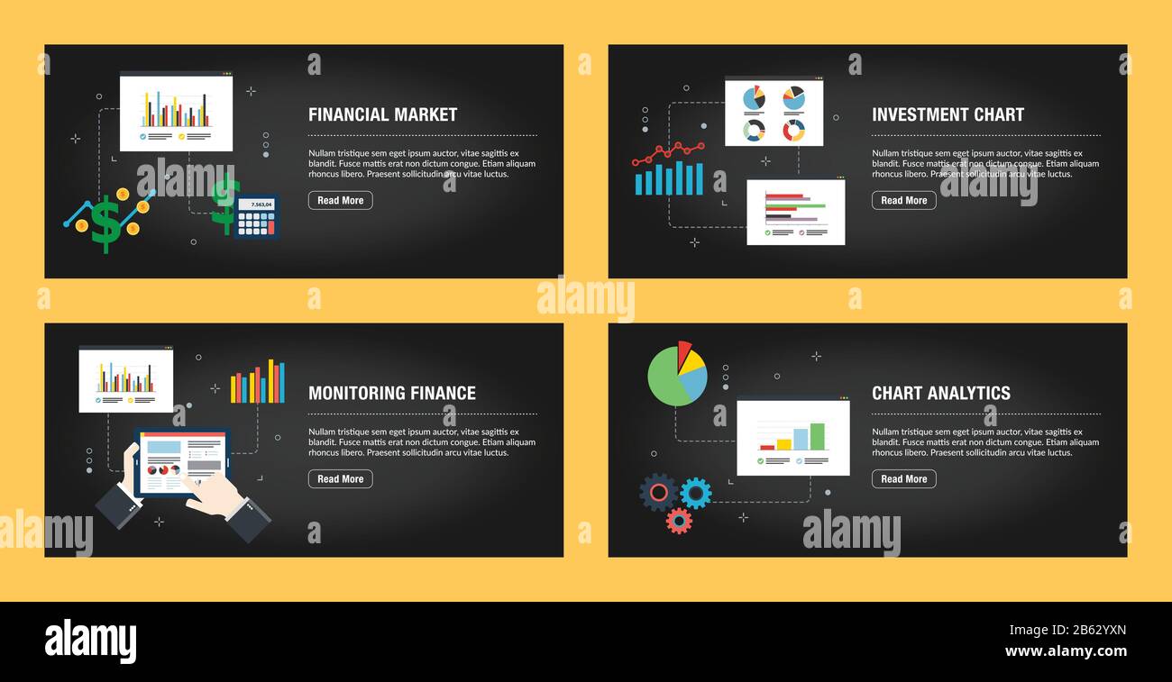 Set di modelli di disegno di banner del Internet per i siti web, internet marketing, e business. Mercato finanziario, tabella degli investimenti, monitoraggio finanziario e c Illustrazione Vettoriale