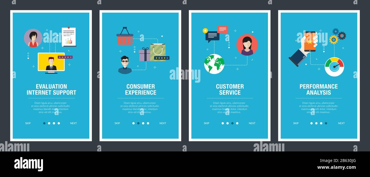 Banner Web concetto nel vettore con valutazione supporto internet, dell'esperienza del cliente, il servizio clienti e l'analisi delle prestazioni. Il sito internet di banne Illustrazione Vettoriale