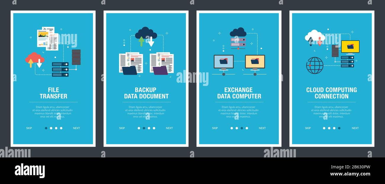 Set di vettore verticale di banner per il web con il trasferimento di file di dati di backup documento, lo scambio di dati del computer e il cloud computing.Vettore modello di banner per il web Illustrazione Vettoriale