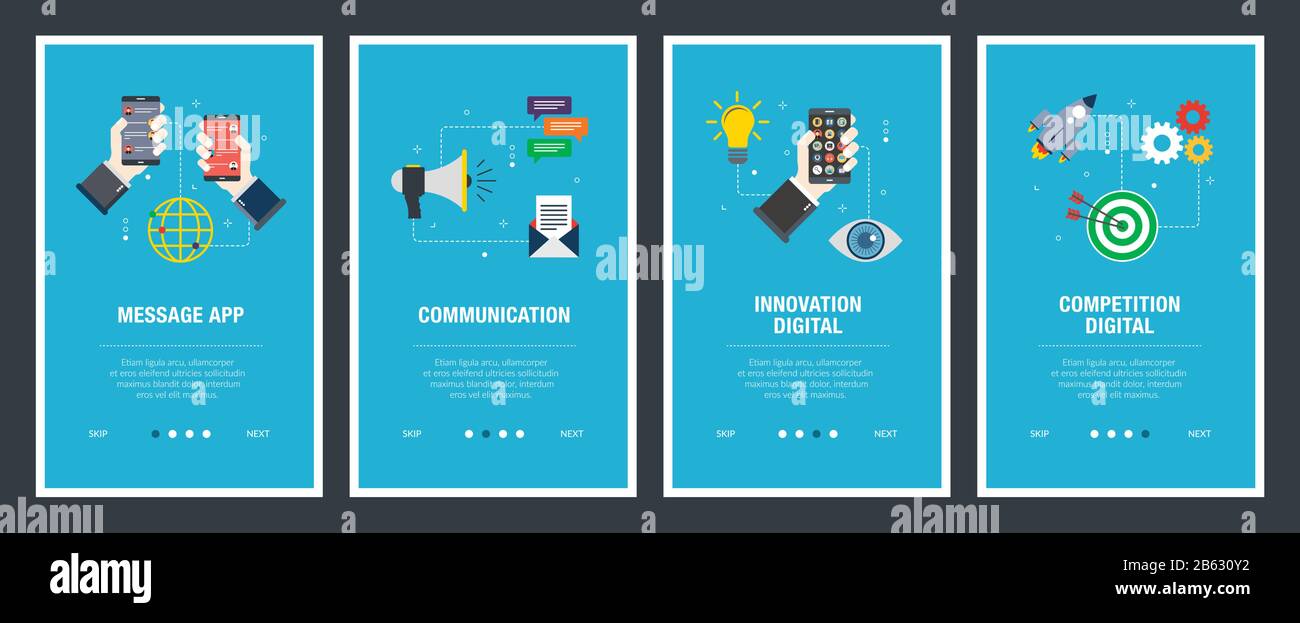Set di vettore verticale di banner per il web con il messaggio app, comunicazione, innovazione digitale, concorrenza digitale. Vettore modello di banner per il sito web e mo Illustrazione Vettoriale