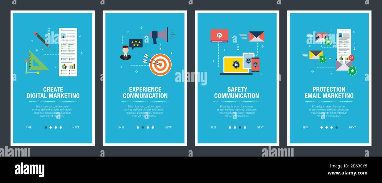 Set di vettore verticale di banner per il web con il marketing digitale, di esperienze e di comunicazione per la sicurezza, protezione e-mail marketing.Vettore modello di pagina di intestazione per Illustrazione Vettoriale