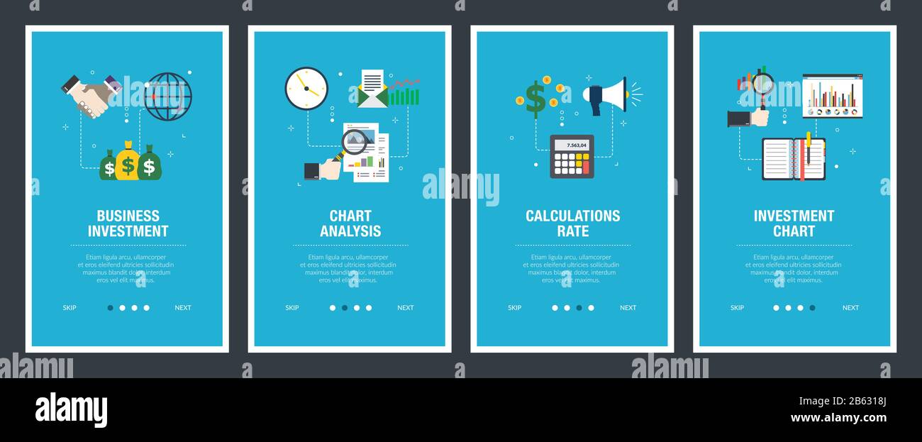 Set di vettore verticale di banner per il web con gli investimenti delle imprese, tabella di analisi, calcoli Aliquota e grafico di investimento. Vettore modello di banner per il sito Illustrazione Vettoriale