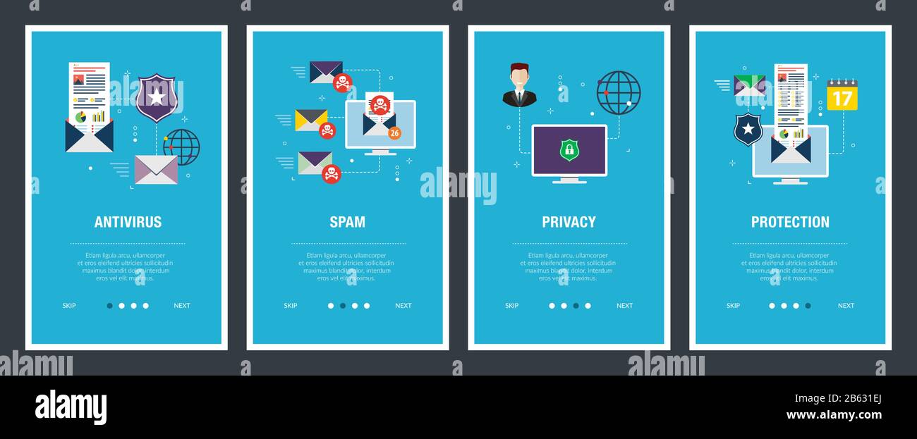 Set di vettore di verticale banner web con antivirus per la protezione, bloccare lo spam, protezione della privacy, virus e attacchi di phishing. Vector modello di pagina di intestazione per w Illustrazione Vettoriale