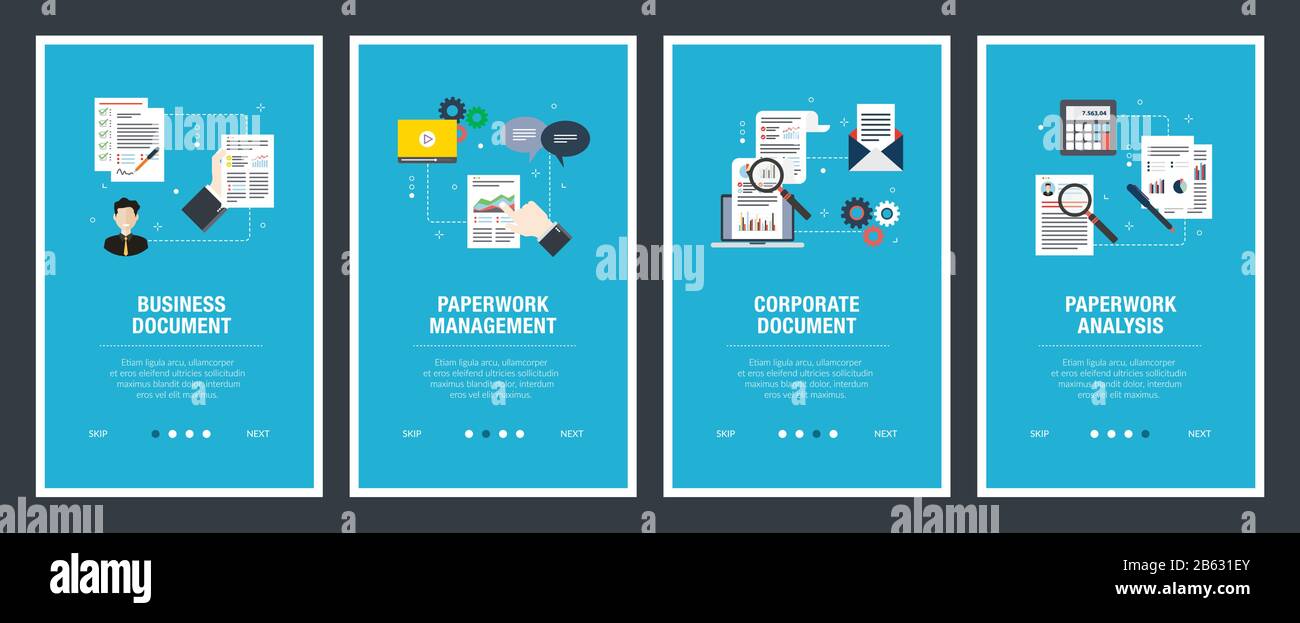 Set di vettore di verticale banner web con documento aziendale, gestione dei documenti, documento aziendale, analisi della documentazione. Vector modello di pagina di intestazione per noi Illustrazione Vettoriale