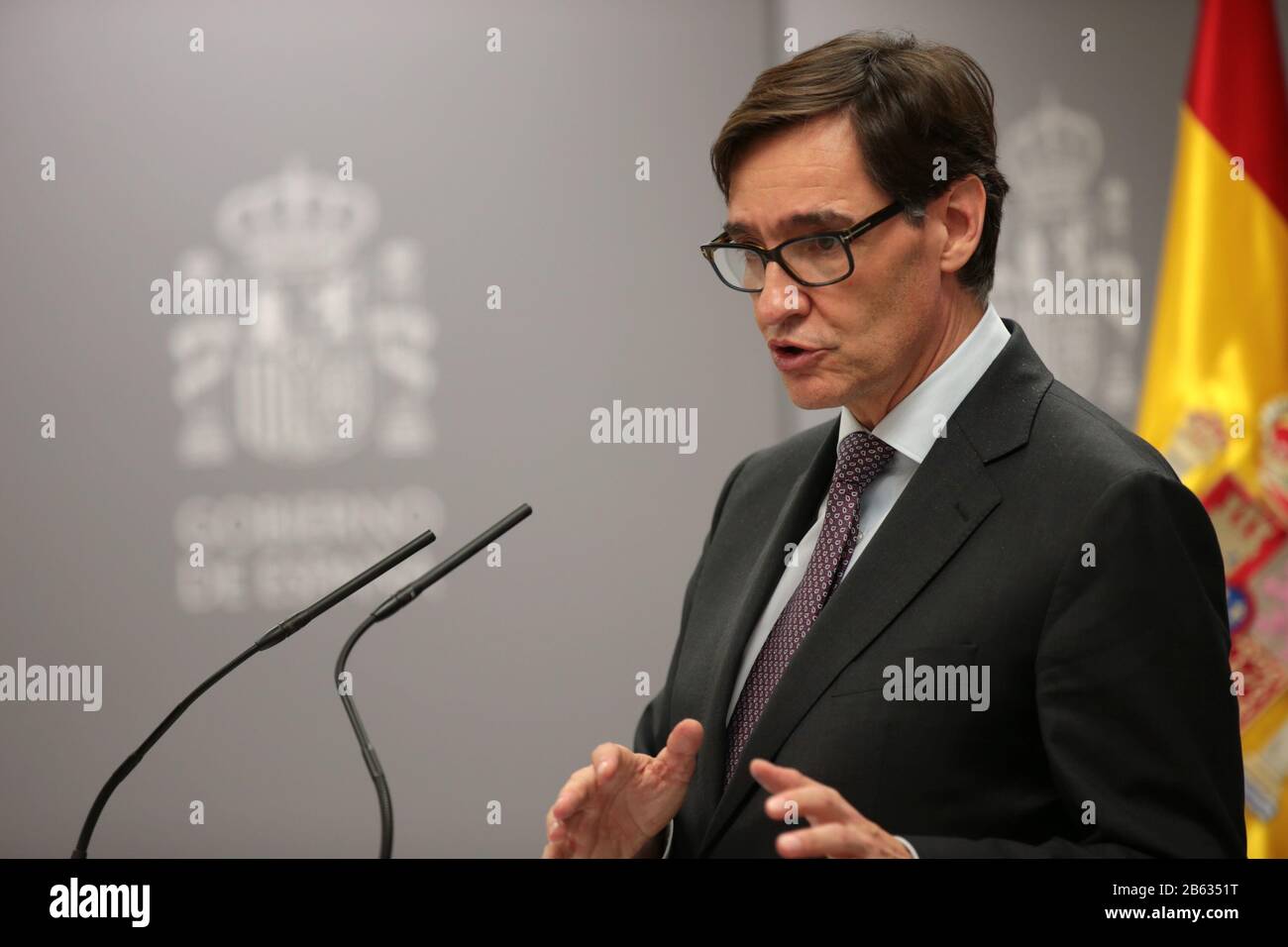 Madrid, Spagna, 09/03/2020.- Salvador Illa Ministro della Sanità annuncia la chiusura delle scuole nei prossimi 14 giorni nella comunità nidificata di Madrid, la città di Vitoria e la città di Labastida per controllare i progressi del governo CoronavirusIl governo spagnolo accetta la sospensione delle attività nelle scuole, E università, telelavoro ove possibile, piani di continuità del lavoro d'emergenza, flessibilità oraria per la concentrazione dei lavoratori, misure per le aree in fase di trasmissione comunitaria (contagio) come sono ora la Comunità di Madrid, le vedove di Vitoria e la città di Labastida Foto: Juan Foto Stock