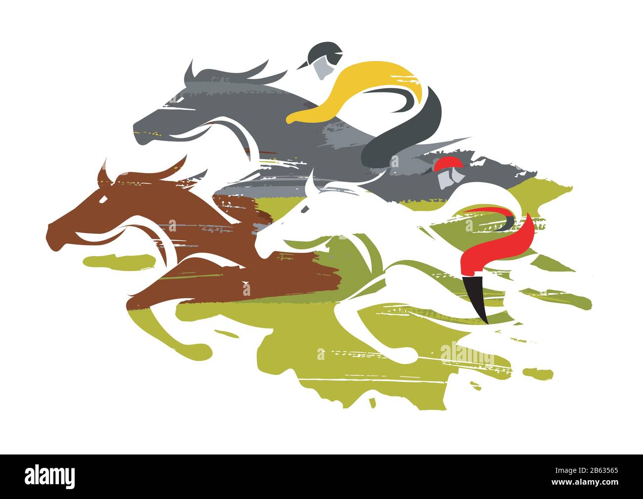 Corse Ippiche. Jockeys da corsa a piena velocità. Illustrazione colorata su sfondo bianco. Vettore disponibile. Illustrazione Vettoriale