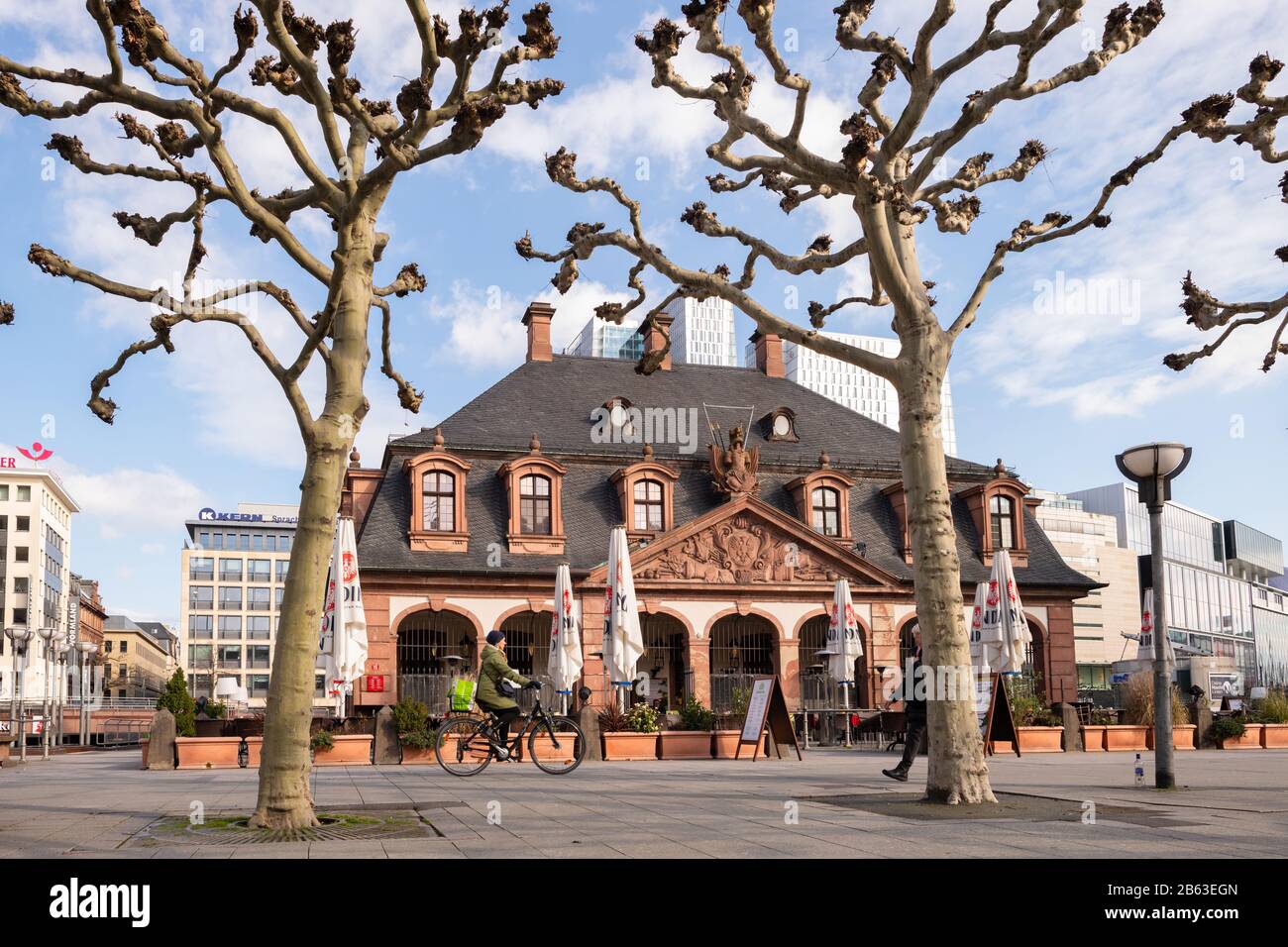 Francoforte Hauptwache Plaza e platani in inverno, Francoforte, Germania Foto Stock