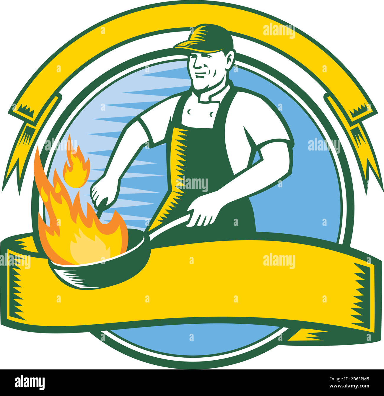 Icona Mascot illustrazione di un cuoco o chef cucina con flaming pan o wok set all'interno del cerchio con nastro e banner visto di fronte in stile retrò o Illustrazione Vettoriale