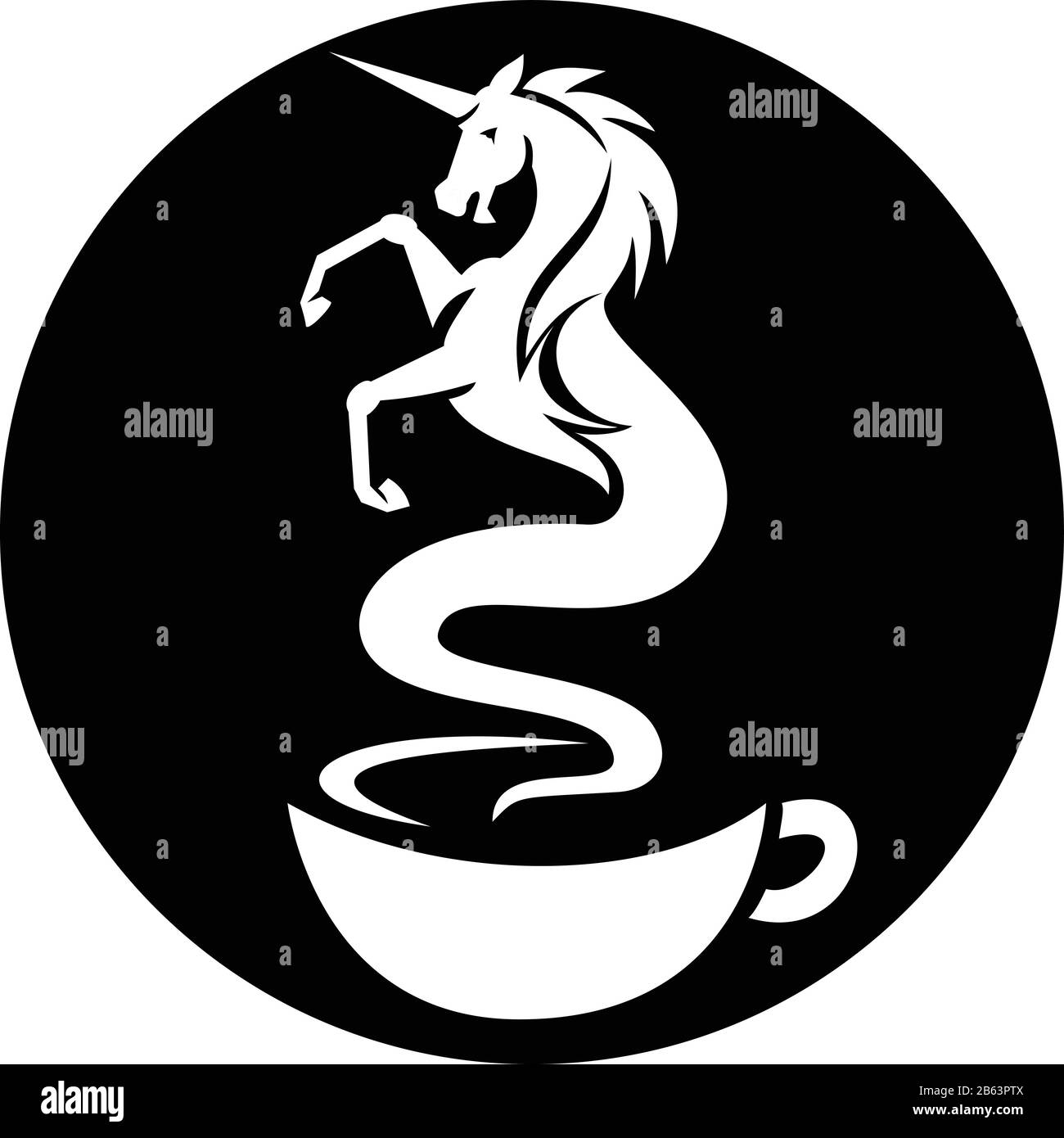 Illustrazione in stile retrò di un unicorno che esce come un fumo da una tazza di caffè caldo all'interno del cerchio su sfondo isolato. Illustrazione Vettoriale