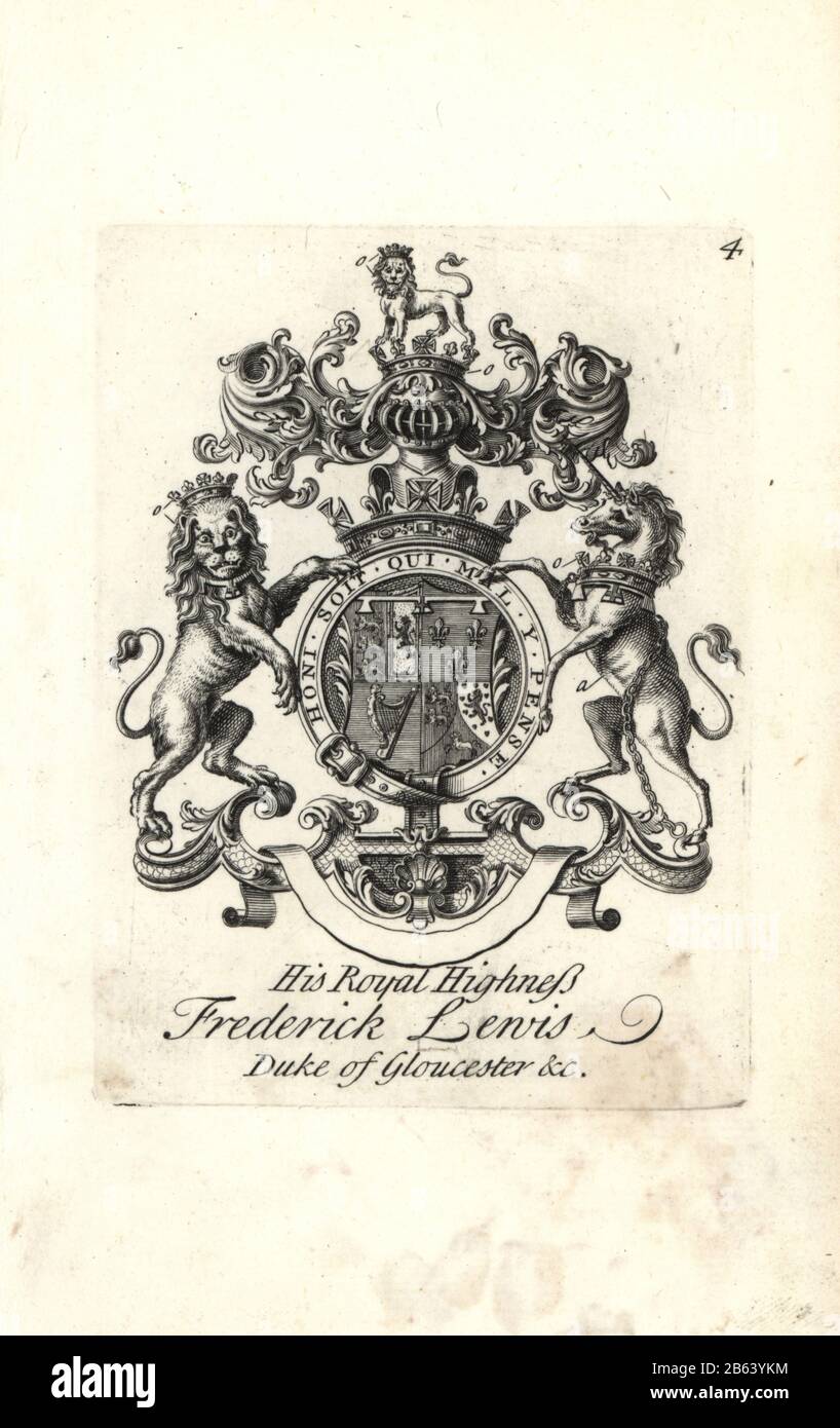 Stemma e stemma di HRH Frederick Lewis, Duca di Gloucester, 1707-1751. Incisione su copperplate di Andrew Johnston dopo C. Gardiner da Notitia Anglicana, Che Spiega Le Conquiste di tutta La Nobiltà inglese, Andrew Johnson, The Strand, Londra, 1724. Foto Stock