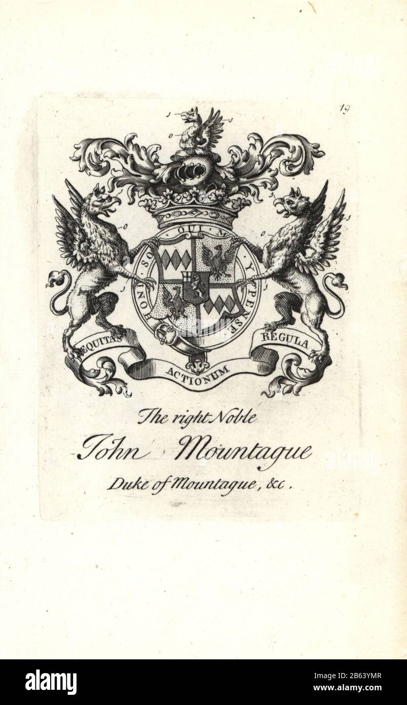 Stemma e stemma del nobile di destra Giovanni Montagu, 2nd Duca di Montagu 1690-1749. Incisione su copperplate di Andrew Johnston dopo C. Gardiner da Notitia Anglicana, Che Spiega Le Conquiste di tutta La Nobiltà inglese, Andrew Johnson, The Strand, Londra, 1724. Foto Stock
