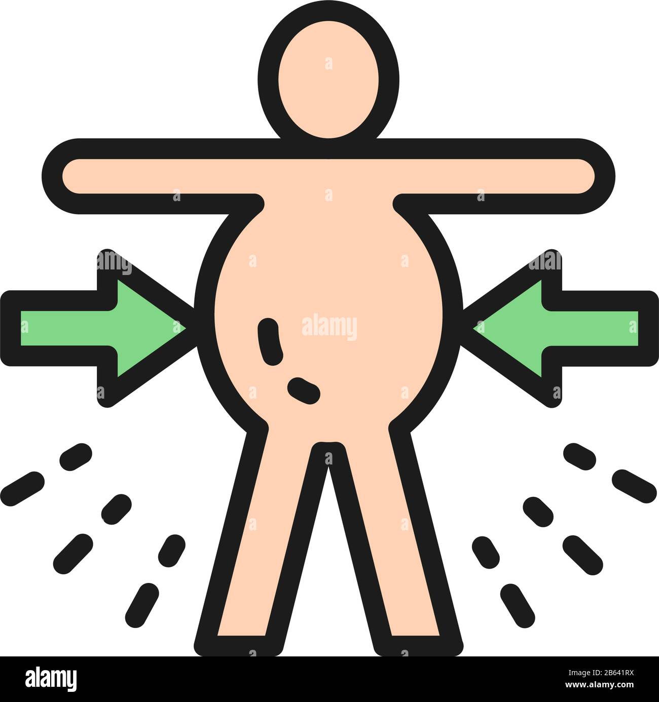 Distensione addominale, obesità, icona della linea di colore piatta della stomachache. Illustrazione Vettoriale