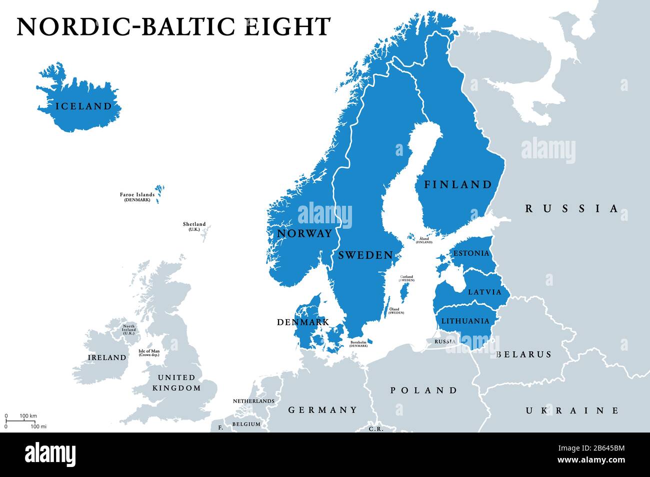 Paesi nordici-baltici Otto (NB8) Stati membri carta politica. Cooperazione Regionale Tra Danimarca, Estonia, Finlandia, Islanda, Lettonia, Lituania, Norvegia, Svezia. Foto Stock