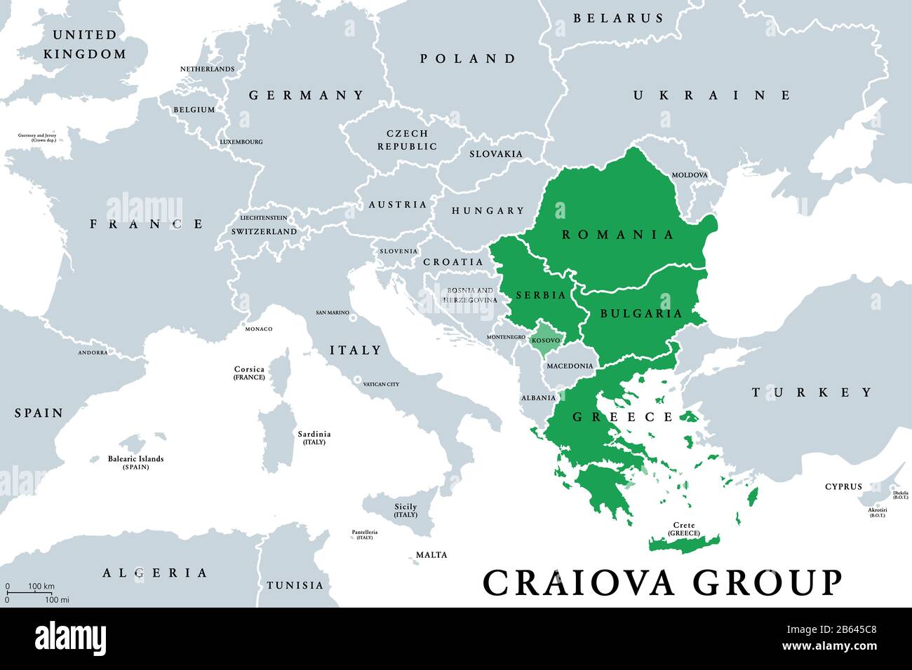 Craiova Group (Quadrilatero) Stati membri carta politica. Craiova Four o C4, un progetto di cooperazione di Romania, Bulgaria, Grecia e Serbia. Foto Stock