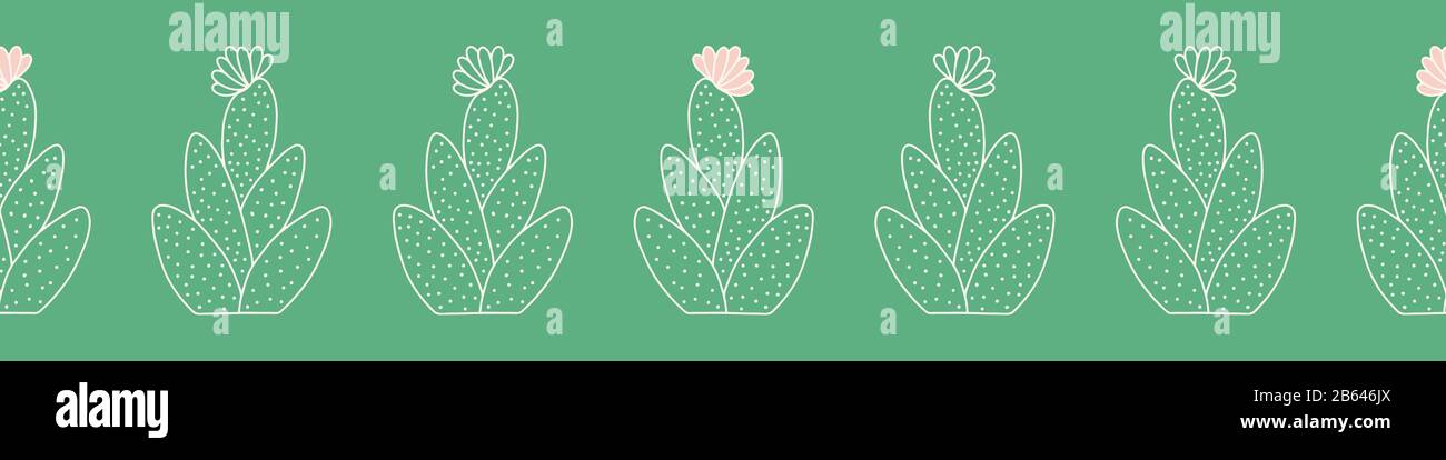 Cactus contorno banner senza cuciture sfondo. Disegno di bordo di vettore cute della pianta di deserto di fioritura in verde e rosa. Illustrazione Vettoriale