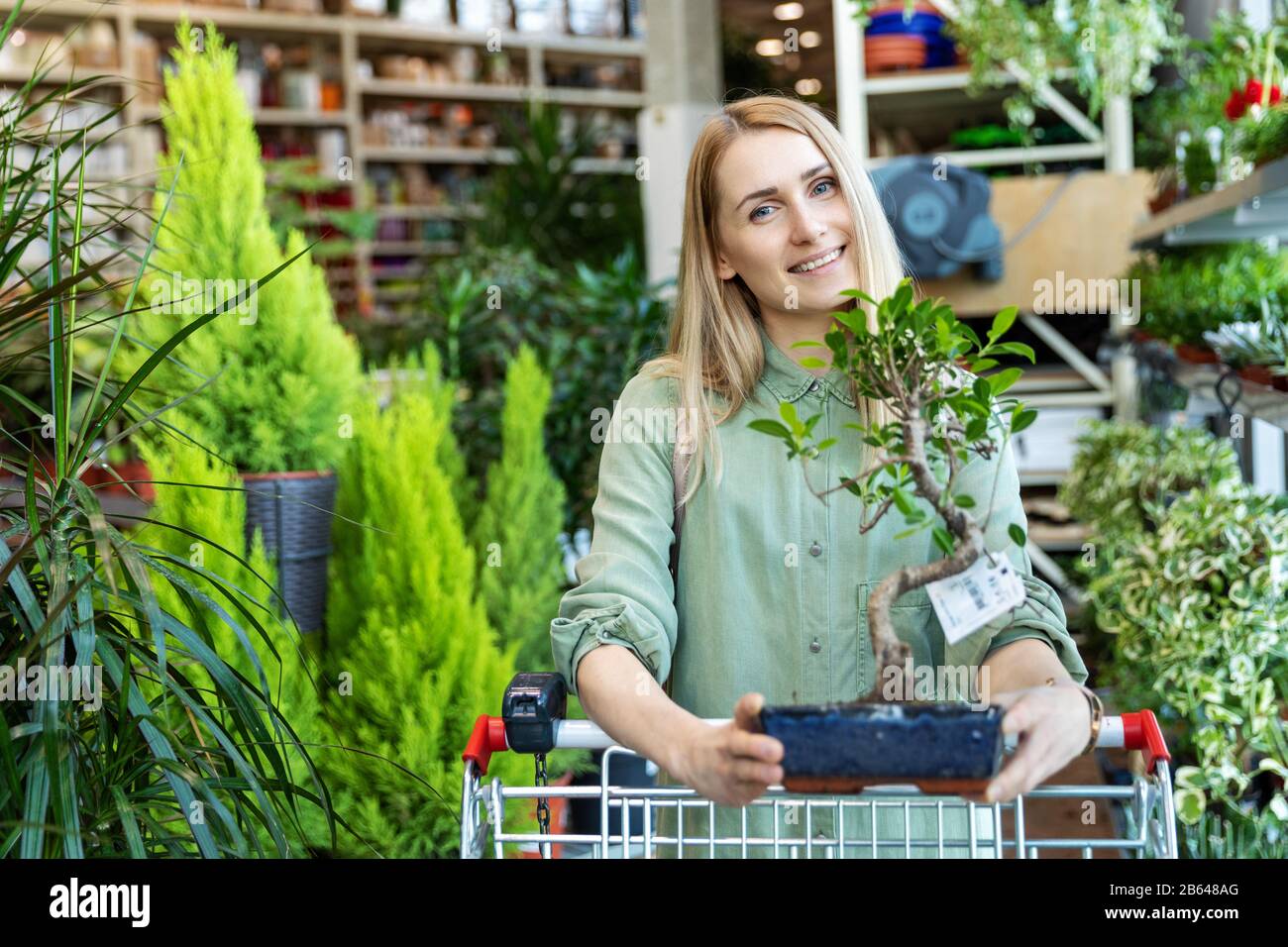 donna sorridente con albero bonsai in negozio di piante Foto Stock