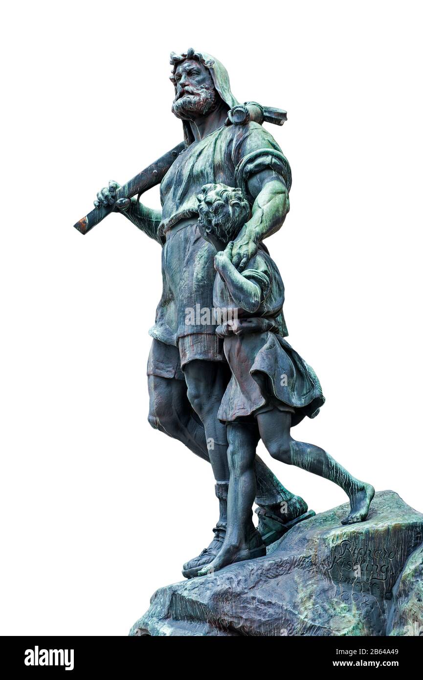 Statua di Guglielmo Tell e suo figlio, eroe popolare medievale della Svizzera su sfondo bianco Foto Stock