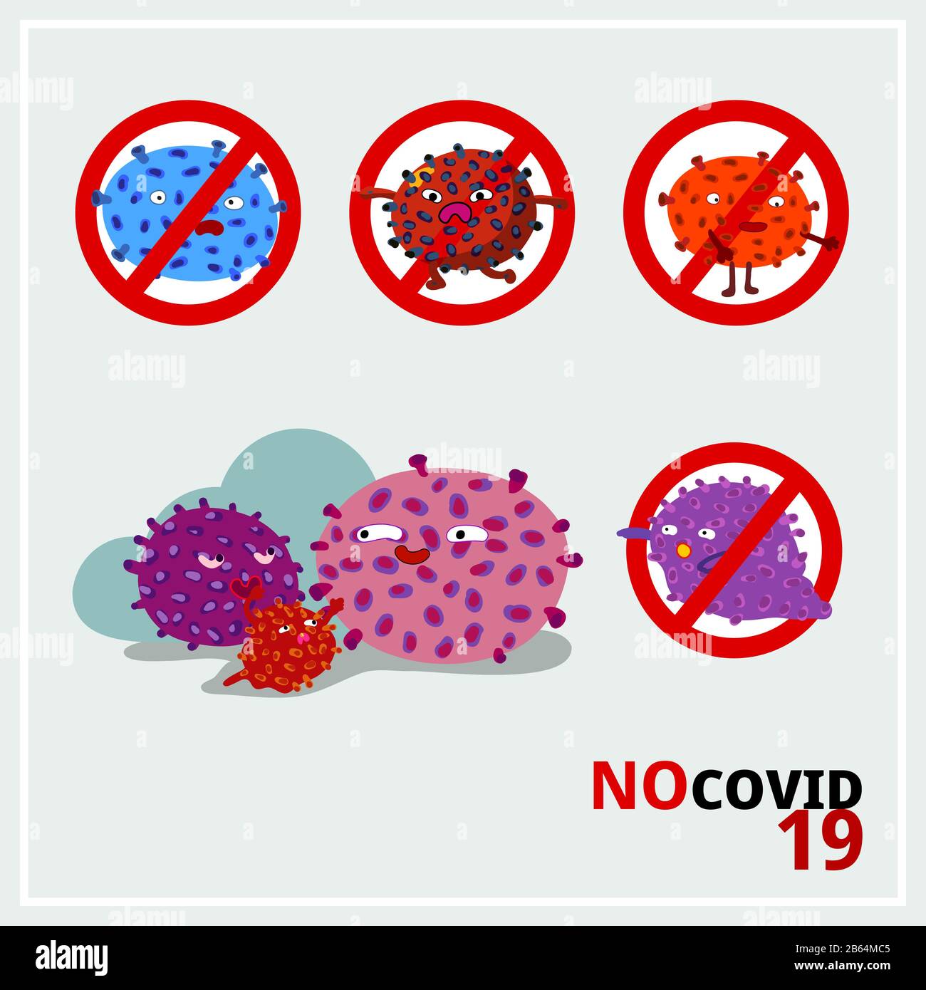 Divertente cartoon stop segno per Corona virus, No Covid-19 segno. Colorati personaggi di virus cartoon in cerchio croce segno di stop, illustrazione vettoriale Foto Stock