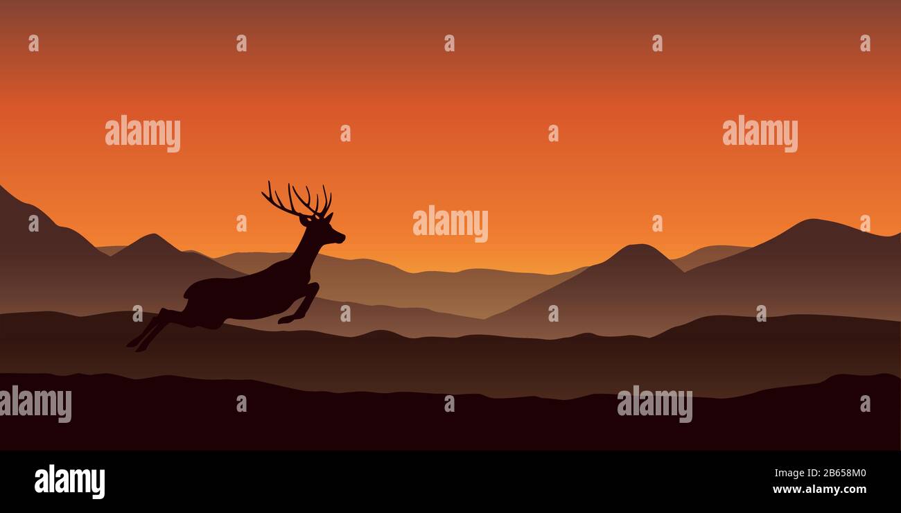 Jumping silhouette cervo sul paesaggio di montagna in arancione colori vettore illustrazione EPS10 Illustrazione Vettoriale